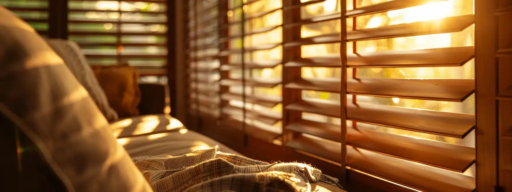 a cozy room with wooden blinds creating a warm and traditional atmosphere.