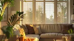 a beautifully lit interior showcases elegant custom plantation shutters framing a large window, enhancing the warm ambiance and highlighting their superior craftsmanship over standard options.