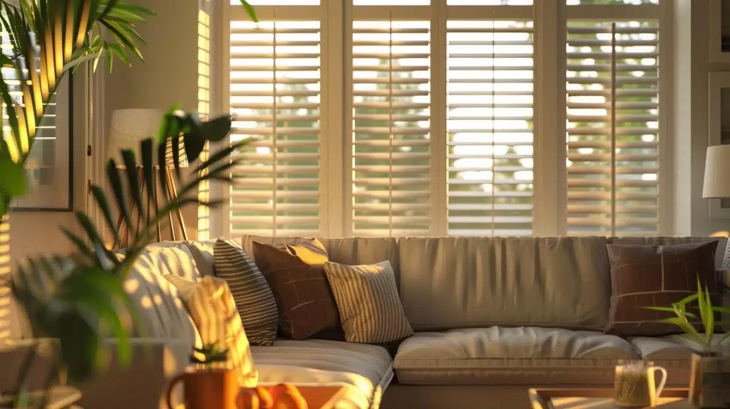 a beautifully lit interior showcases elegant custom plantation shutters framing a large window, enhancing the warm ambiance and highlighting their superior craftsmanship over standard options.