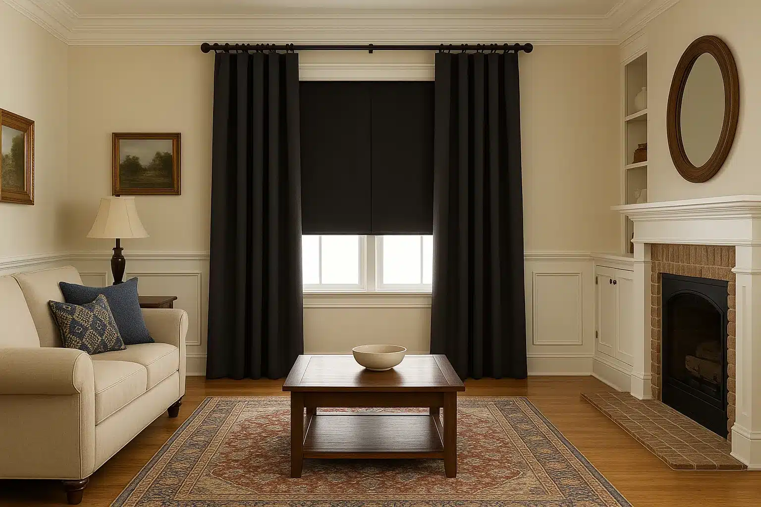 Elegant blackout window treatments installed in a traditional Louisville home showcasing both functionality and style