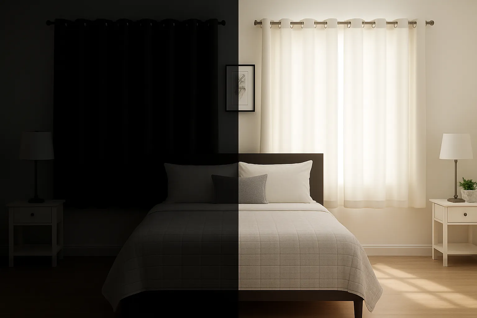 Side-by-side comparison of a Louisville bedroom with regular window coverings versus blackout window treatments showing complete light blocking capability