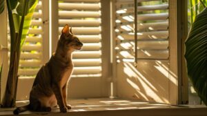 Professional photo of a dog or cat near plantation shutters